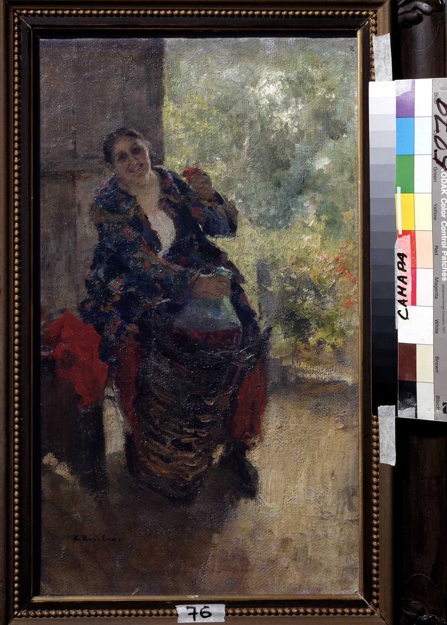 En hyresvärdinna eller kvinna med ett glas vin (A Landlady, Woman with a Glass of Wine). En starkt sittande kvinna höjer sitt glas för att skåla och håller i en enorm flaska vin. Målning av Konstantin Alexeyevich Korovin (Constantin Korovin) (1861-1939), av Konstantin Alekseevich Korovin