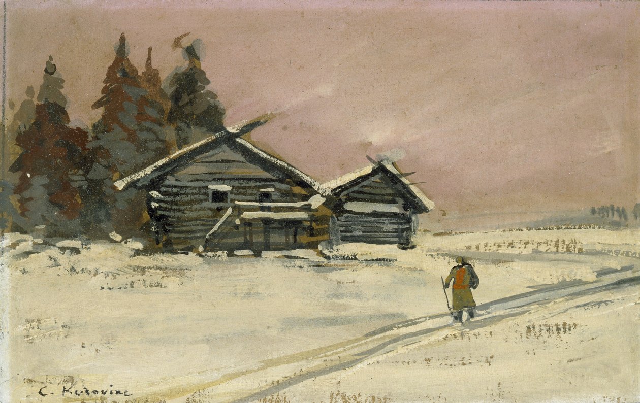 Vinterlandskap med två trähus (färg och olja på kartong, monterad som teckning) av Konstantin Alekseevich Korovin