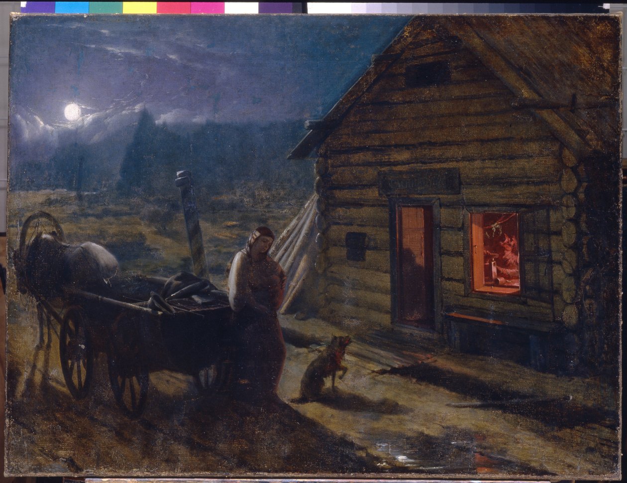 Framför en krog (Nattscen, en kvinna med sin bebis och en hund väntar bredvid en häst och vagn, framför den öppna dörren till en träbyggnad, där berusade män är samlade) - Innan en krog - Målning av Konstantin Alexander av Konstantin Alexandrovich Trutovsky