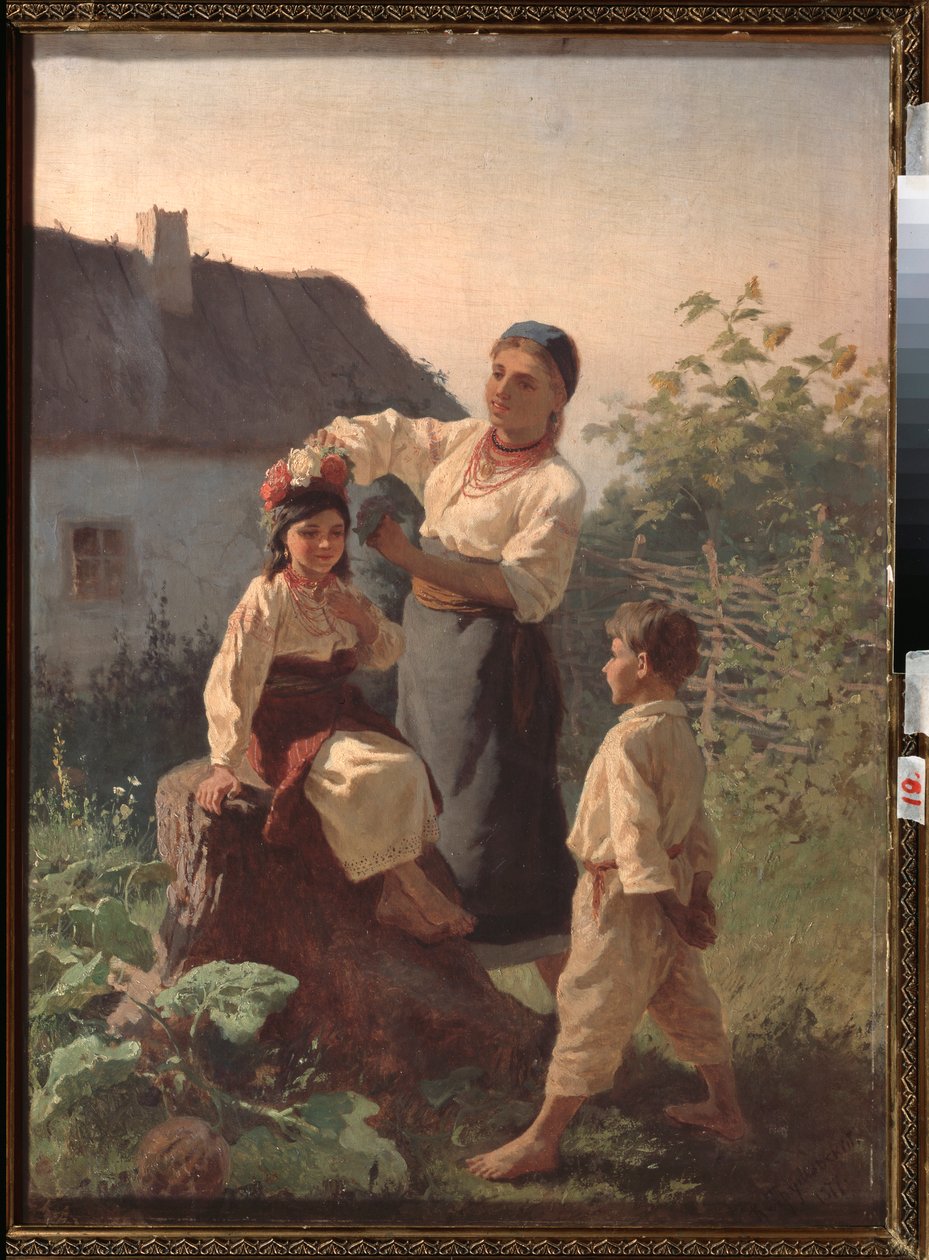 Binding a Garland - Målning av Konstantin Alexandrovich Trutovsky (Troutovsky) (1826-1893), olja på duk av Konstantin Alexandrovich Trutovsky