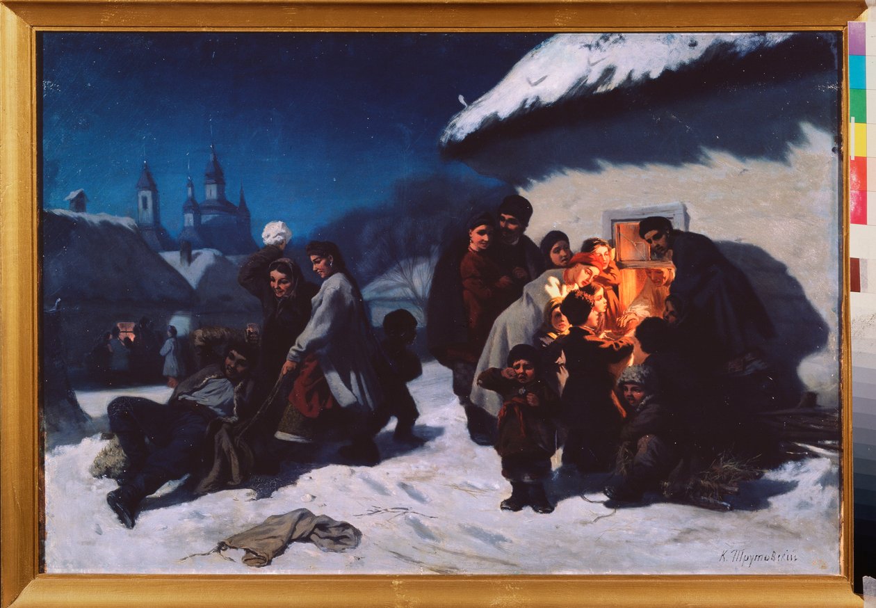 Le cantique de Noel en Ukraine (Julsången i Ukraina) - Målning av Konstantin Alexandrovich Trutovsky (Troutovsky) (1826-1893), olja på duk av Konstantin Alexandrovich Trutovsky