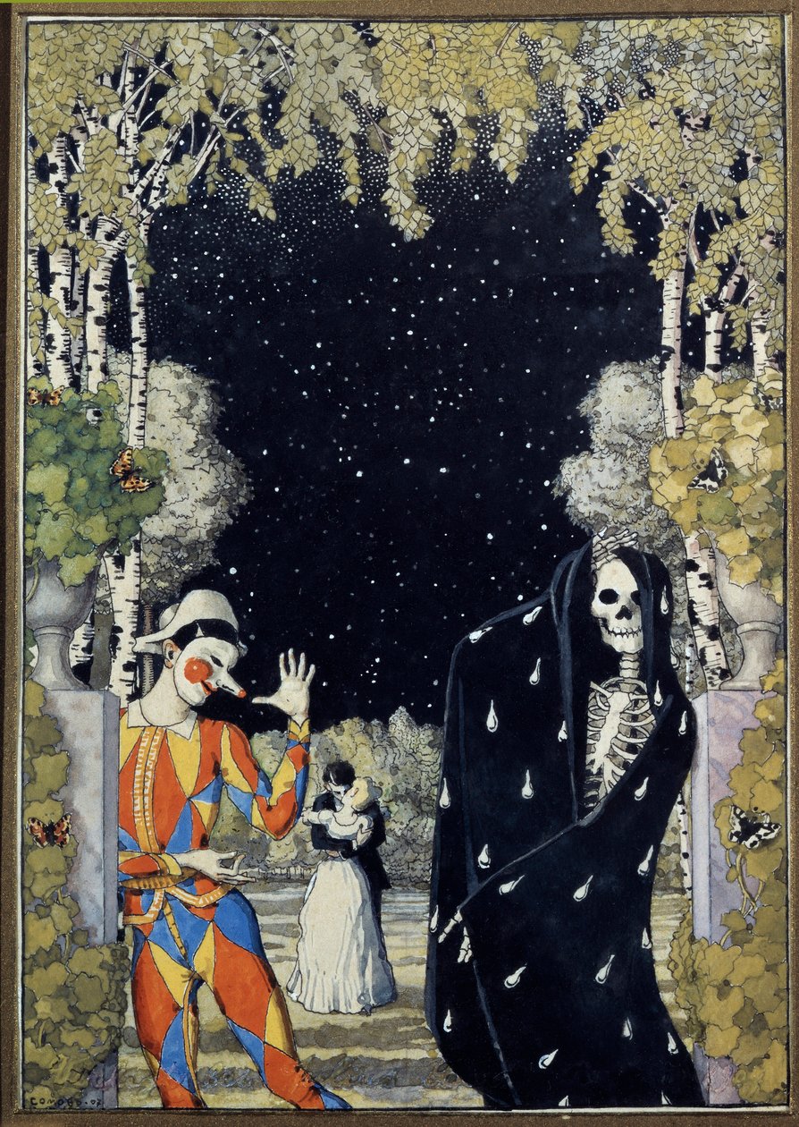 Harlequin and Death (Harlequin and Death) - Verk av Konstantin Andreyevich Somov (1869-1939), akvarell och gouache på papper av Konstantin Andreevic Somov