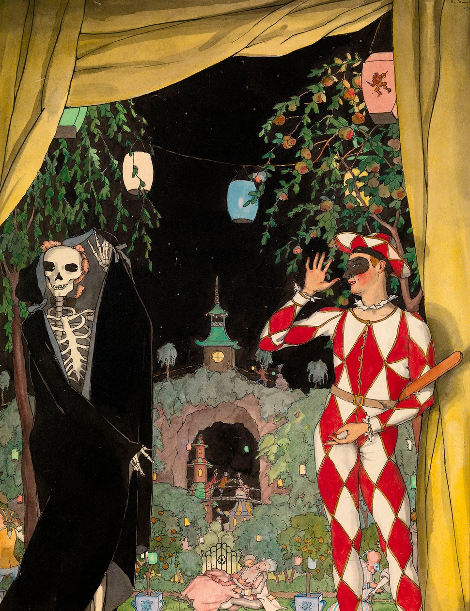Harlequin and Death (Harlequin and Death) - Verk av Konstantin Andreyevich Somov (1869-1939), akvarell, gouache och tusch på papper (28,5x22,5 cm) av Konstantin Andreevic Somov