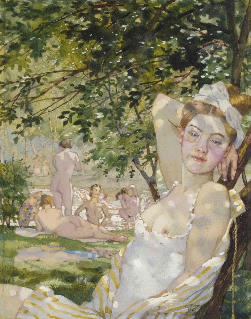 Badande i solen, 1930 (akvarell och bodycolour på papper) av Konstantin Andreevic Somov