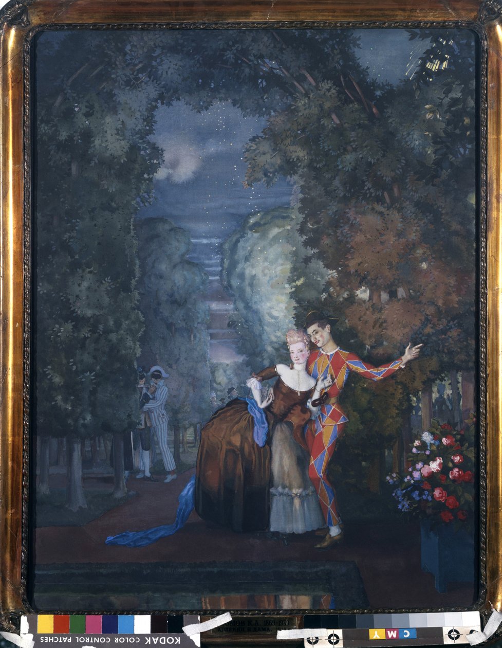 Harlequin and a Lady, 1912 (wc och gouache på kartong) av Konstantin Andreevic Somov