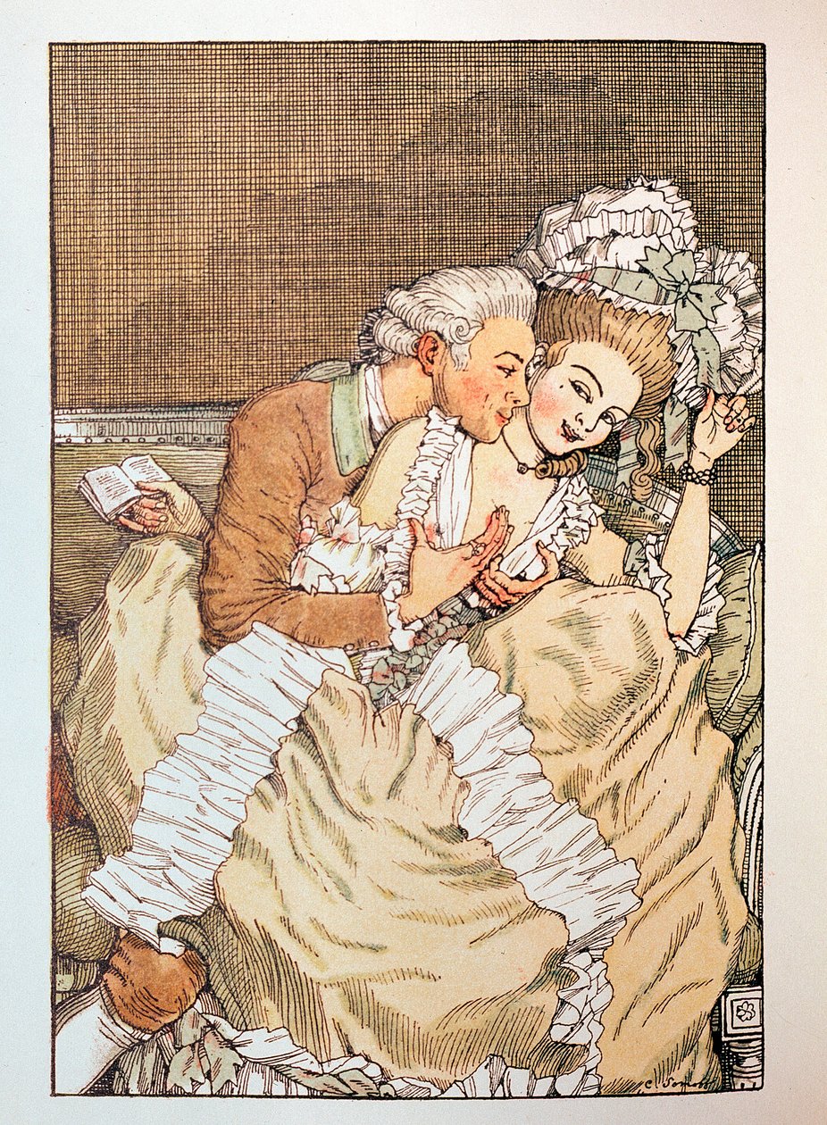 Illustration till ""Le Livre de la Marquise"" av Franz Blei (Illustration till Marquiseboken av Franz Blei) (en marchioninna som skämtar med en otålig älskare) - Verk av Konstantin (Constantin) Andreyevich Somov (1869-1939), etsning av Konstantin Andreevic Somov