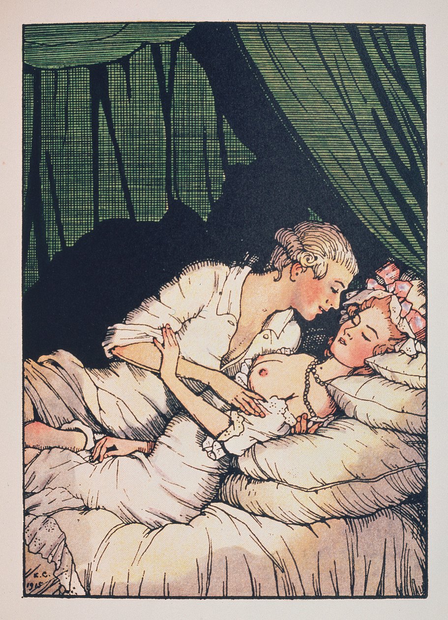 Illustration till ""Le Livre de la Marquise"" av Franz Blei (Illustration för Marquiseboken av Franz Blei) (en markis, topless, liggande i sängen med sin älskare) - Verk av Konstantin (Constantin) Andreyevich Somov (1869- 1939), etsning av Konstantin Andreevic Somov