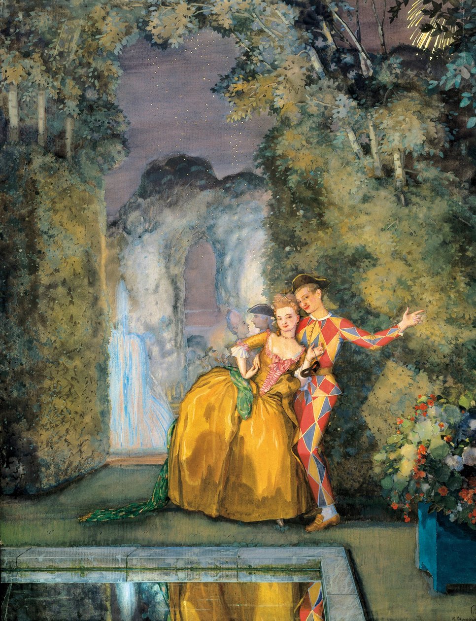 Piga med harlekin, ca. 1900 (akvarell) av Konstantin Andreevic Somov
