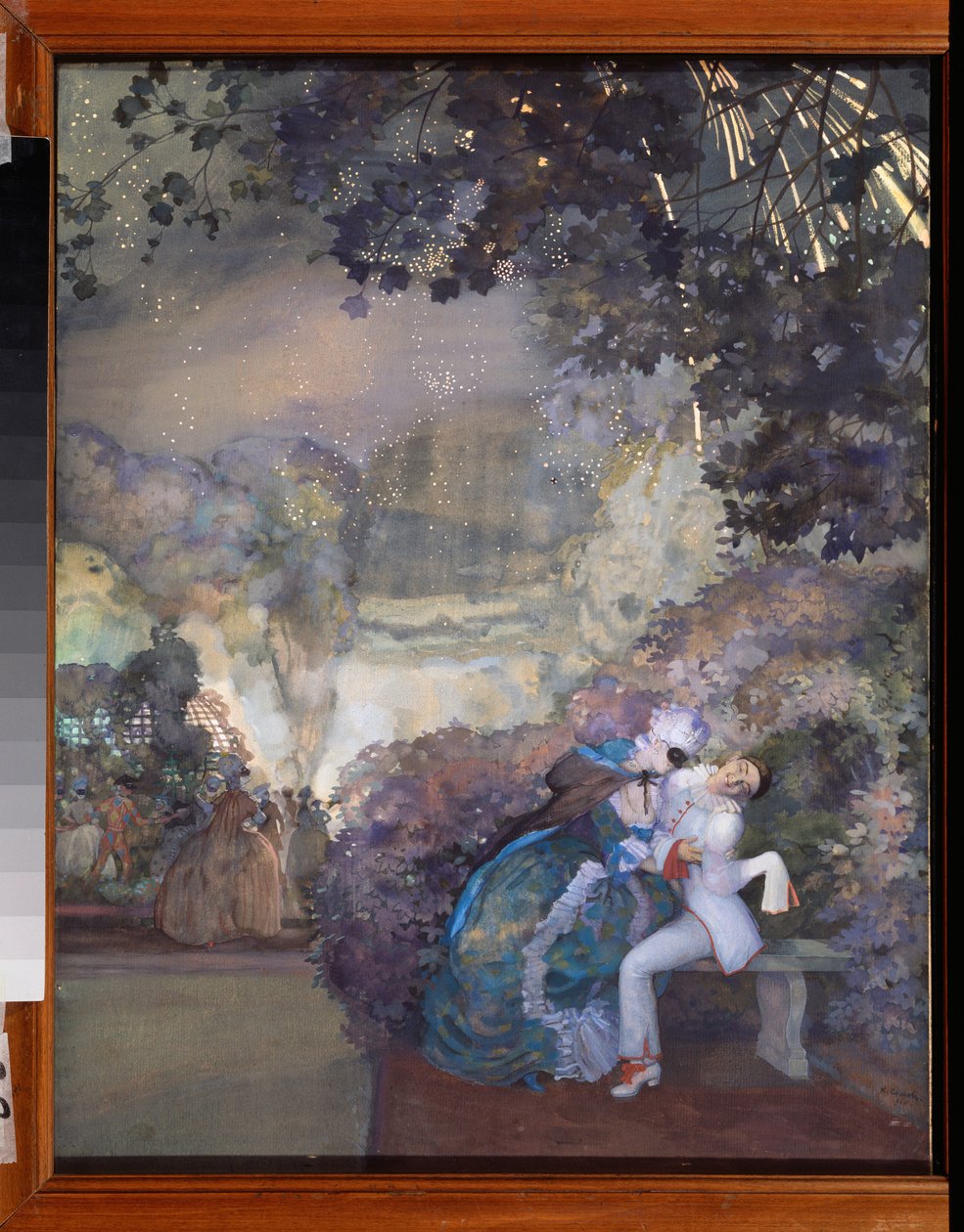Pjerrot och en kvinna. (Flörtar på maskeradbal). Verk av Konstantin (Constantin) Andreyevich Somov (1869-1939), gouache på papper av Konstantin Andreevic Somov