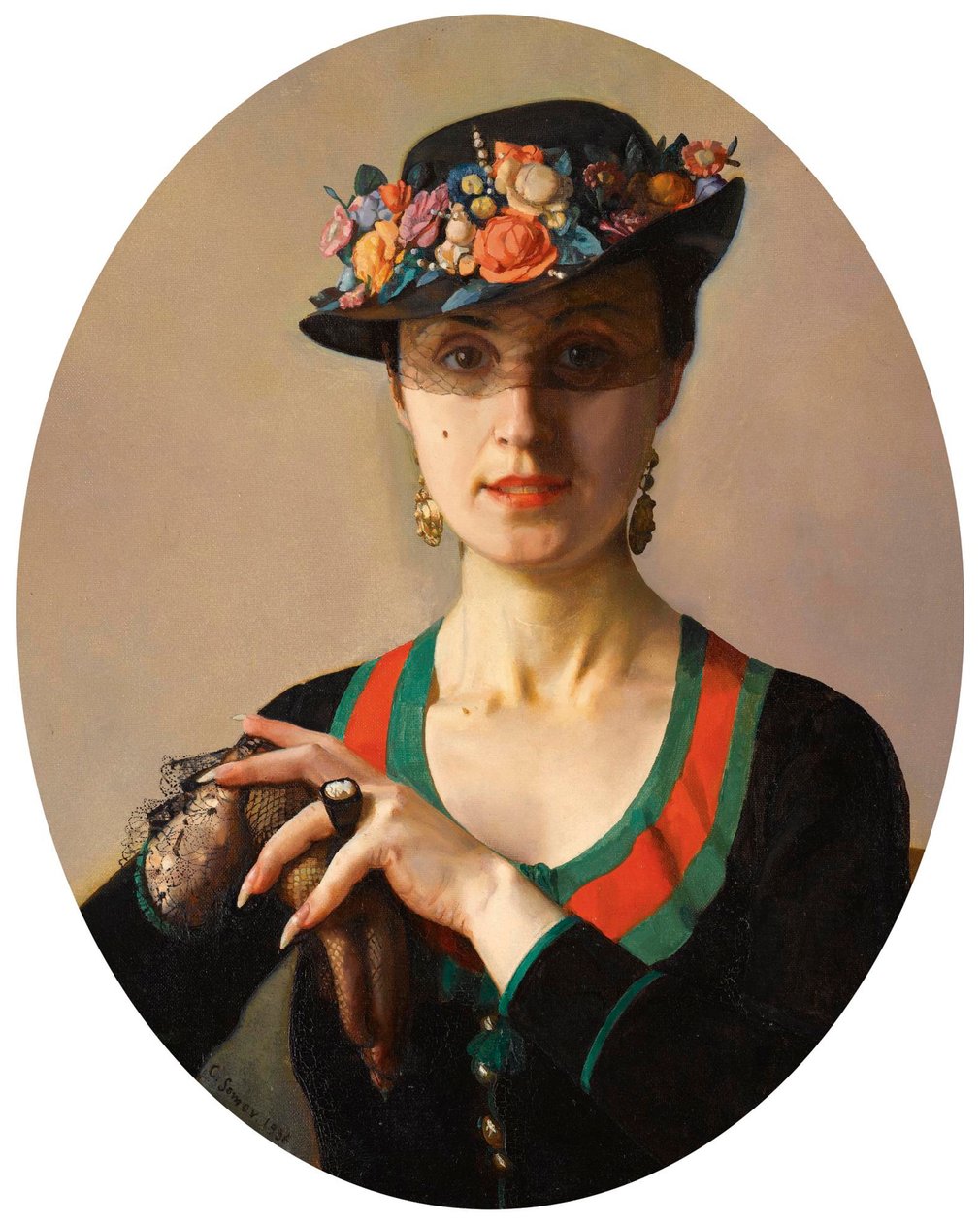 ""Portrait of a Lady" (Portrait of a Lady) Hon bär en blommig hatt med slöja Målning av Konstantin Somov (1869-1939) av Konstantin Andreevic Somov