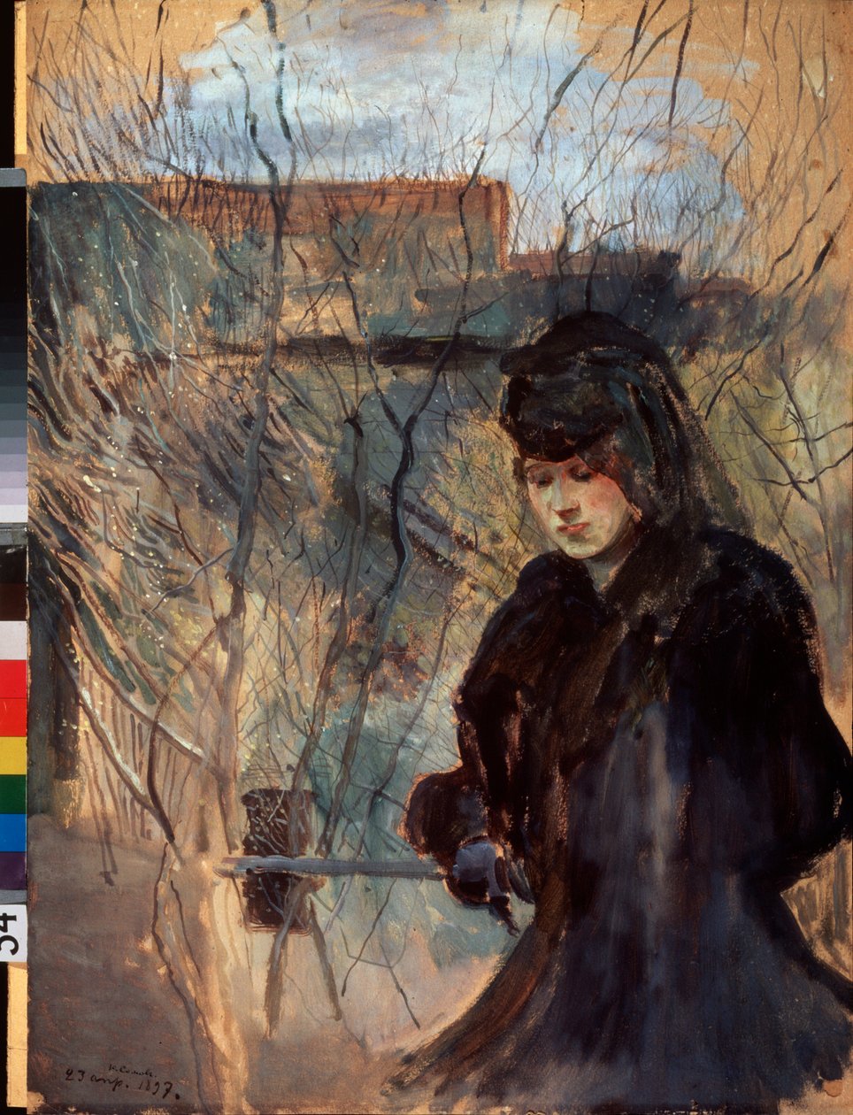 Printemps (Vår) (En kvinna klädd i svart, ser melankolisk ut och tittar ner, lutad mot en tunn barriär) - Verk av Konstantin (Constantin) Andreyevich Somov (1869-1939), akvarell och gouache på kartong av Konstantin Andreevic Somov