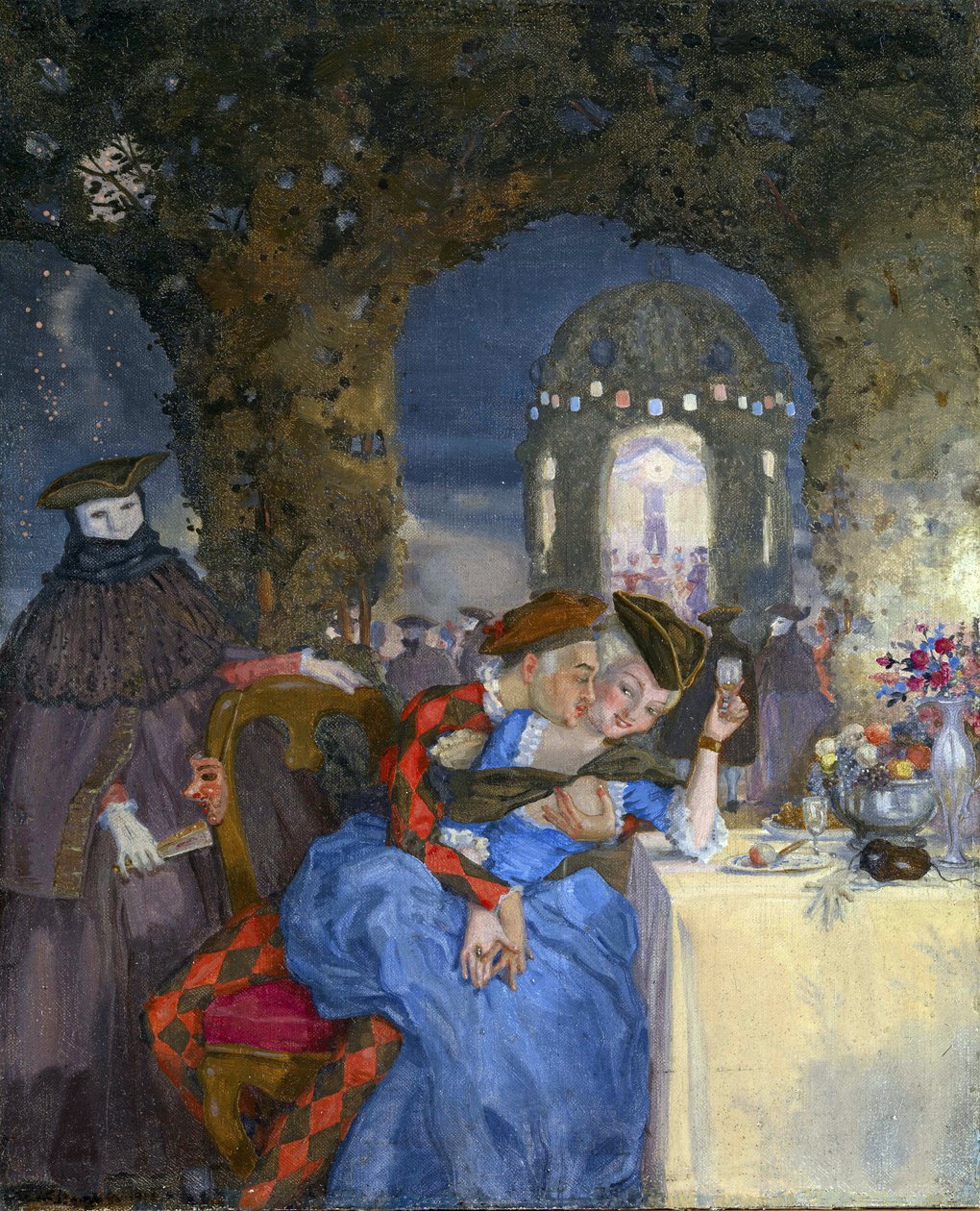 ""Rendez-vous"" Ett par som skämtar på en sommarfest, under maskerade karaktärers blick Målning av Konstantin Somov (1869-1939) - cirka 1918 - Olja på duk Dim 27x22 cm Privat samling av Konstantin Andreevic Somov