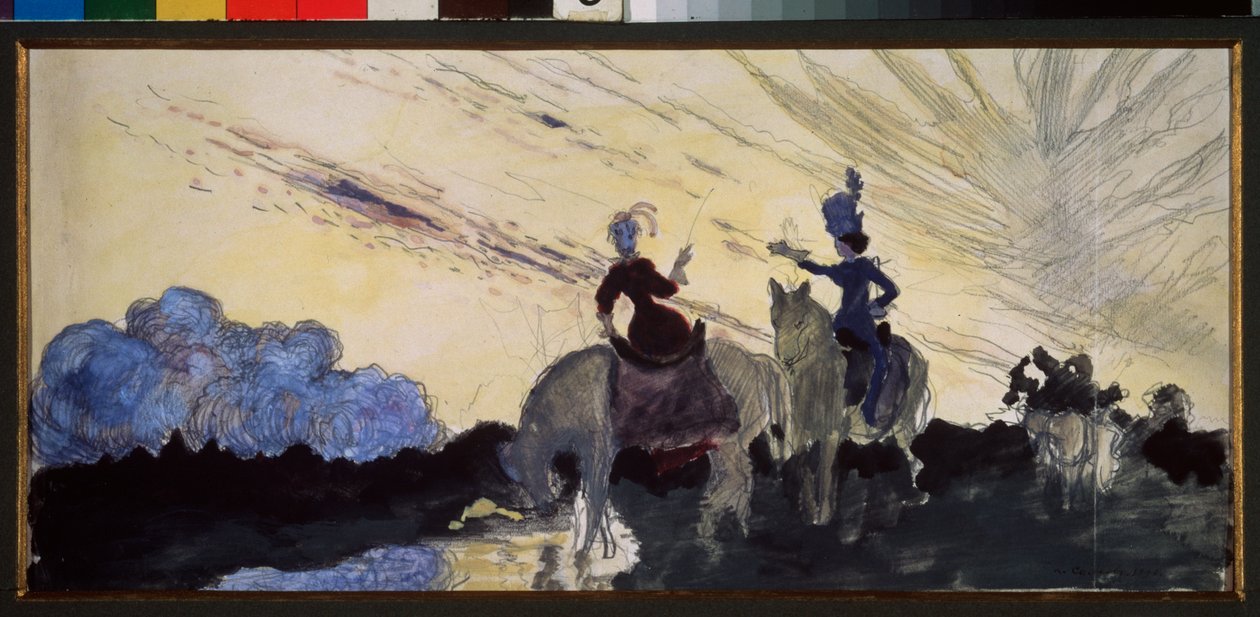 En promenad. (Två ryttare observerar himlen och landskapet). Verk av Konstantin (Constantin) Andreyevich Somov (1869-1939), penna och gouache på papper av Konstantin Andreevic Somov