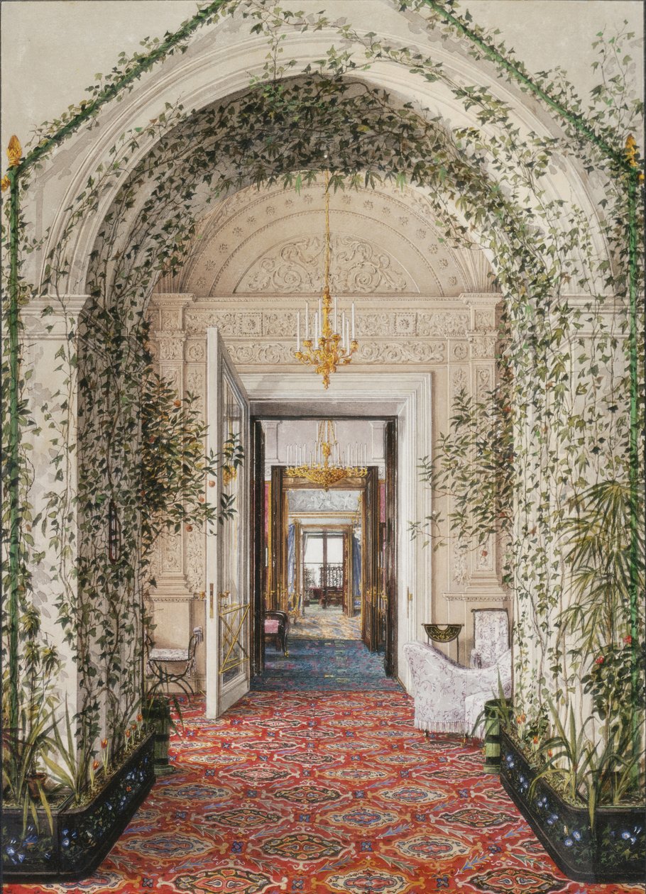 Interiörer av Vinterpalatset. Den lilla vinterträdgården i Alexandra Fyodorovnas lägenheter, mitten av 1800-talet. av Konstantin Andreyevich Ukhtomsky