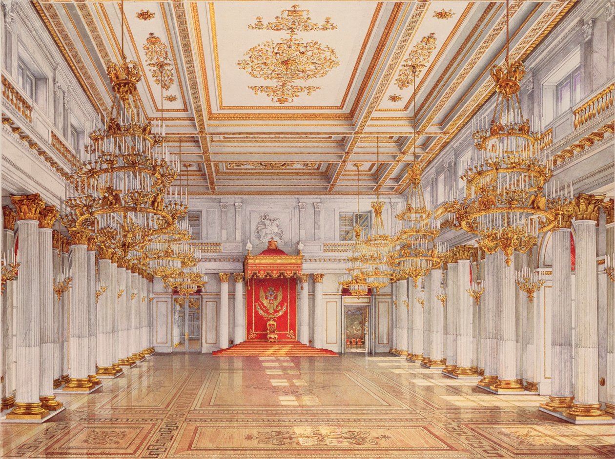 George Hall, Great Throne Hall, i vinterpalatset i St Petersburg - Verk av Konstantin Andreyevich Ukhtomsky (Constantin Oukhtomsky) (1818-1881), akvarell på pa av Konstantin Andreyevich Ukhtomsky