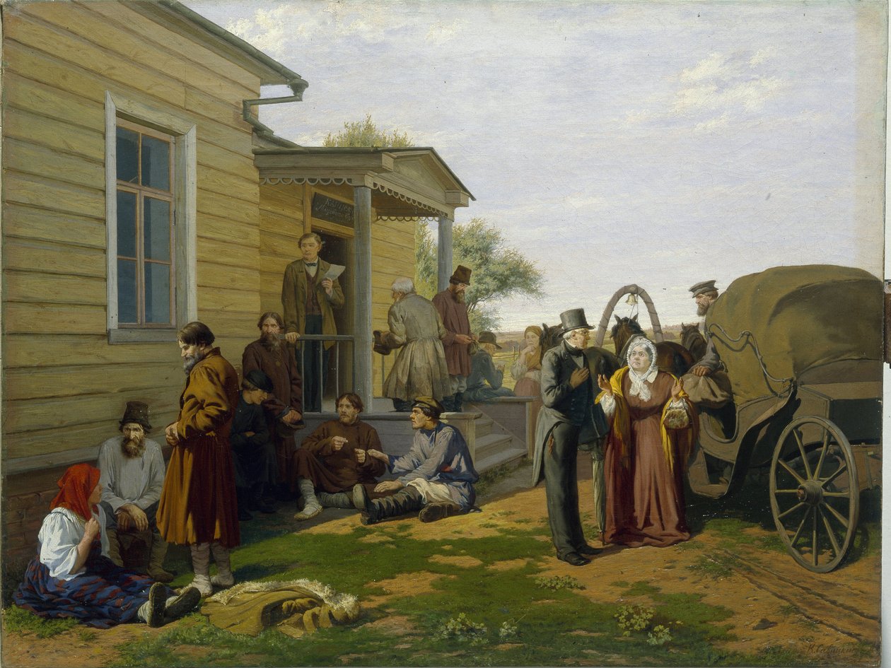 Fredsdomaren. Byggandet av domstolen på den ryska landsbygden, bönder väntar medan de chattar, advokater är upptagna. Målning av Konstantin Apollonovich Savitsky (1844-1905), olja på duk. Rysk konst från 1800-talet. Regi av Konstantin Apollonovich Savitsky