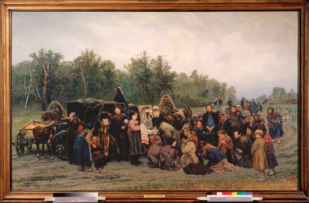 Ankomst av en ikon (På en landsväg springer bybor för att se och knäböja framför målningen, medförd av en ortodox präst) - Målning av Konstantin Apollonovich Savitsky (1844-1905) , olja på duk av Konstantin Apollonovich Savitsky