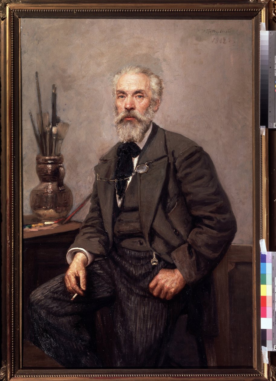 Porträtt av konstnären Konstantin Savitsky (1844-1905) (Porträtt av konstnären K. Savitsky). Målning av Nikolai Karlovich Grandkovsky (1864-1907), olja på duk av Konstantin Apollonovich Savitsky