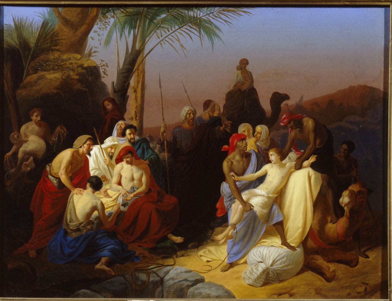 Försäljningen av Joseph. (Avsnitt ur Genesis, när Josef säljs av sina bröder till slavhandlare. Målning av Konstantin Dmitrievich Flavitsky (1830-1866), olja på duk av Konstantin Dmitrievich Flavitsky
