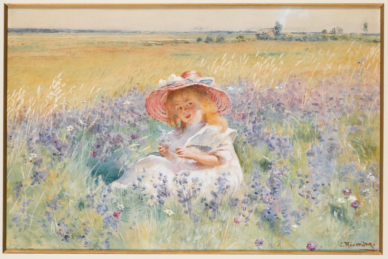 En ung flicka på ett fält av Salvia, Oxeye Daisies och Meadow Foxtail, av Konstantin Egorovich Makovsky
