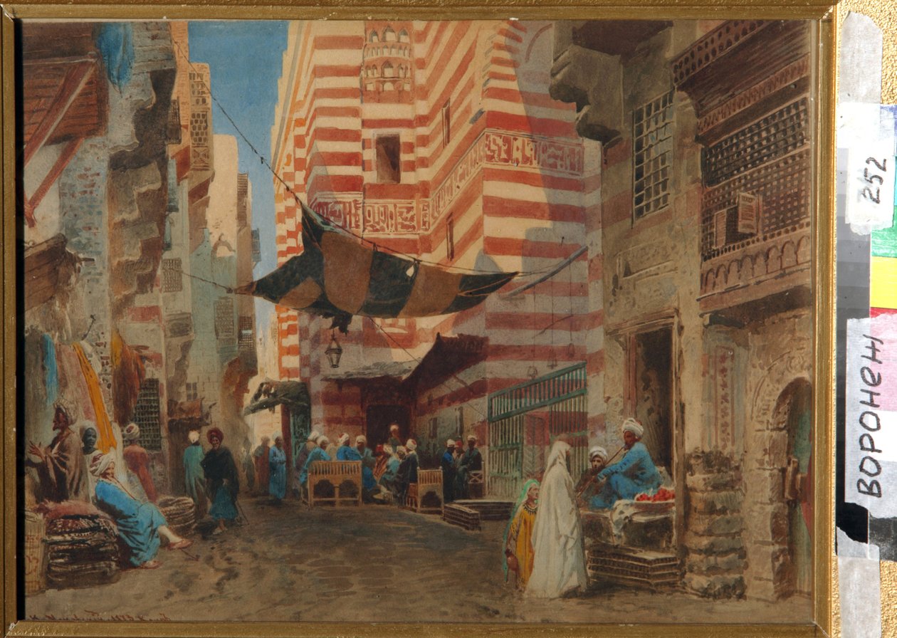 På gatorna i Kairo (Egypten). Konstverk av Konstantin Yegorovich Makovsky (Constantin Makovsky) (1839-1915), konstverk på papper av Konstantin Egorovich Makovsky