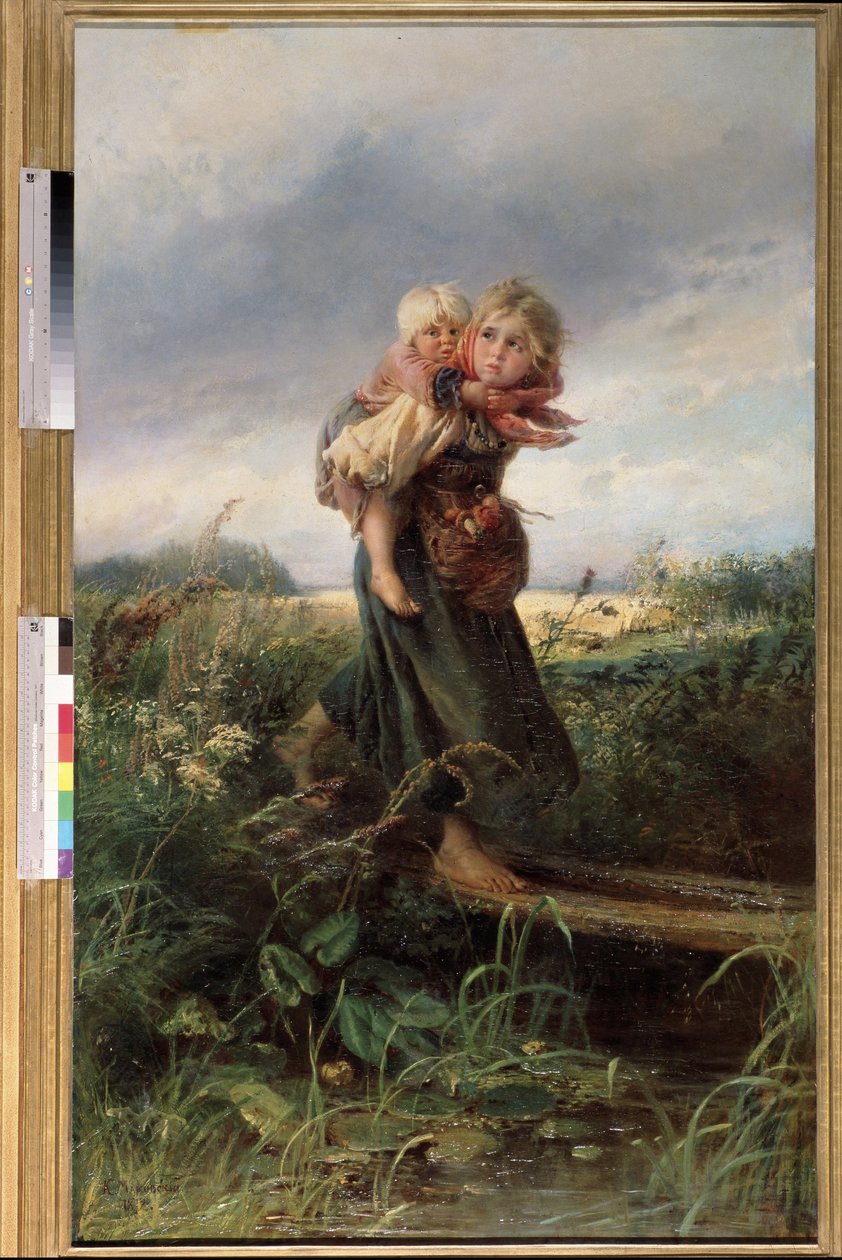 Barn som flyr från åskväder. Målning av Konstantin Yegorovich Makovsky (Constantin Makovsky) (1839-1915), olja på duk av Konstantin Egorovich Makovsky