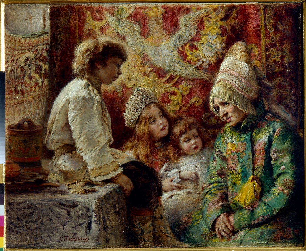 Mormor med barn (farmors saga) - Makovsky, Konstantin Yegorovich (1839-1915) - 1882 - Olja på trä - Statens friluftsmuseum Pavlovsk-palatset, St. Petersburg av Konstantin Egorovich Makovsky