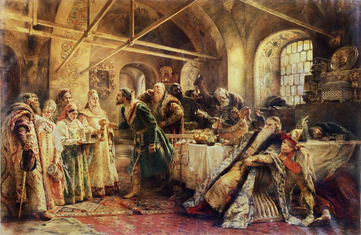 Kyssceremonin - Vid tidpunkten för domostrojen, i storhertigdömet Moskva, väljer en Boyar (bräda, boiar) sin framtida fru, kandidaterna är klädda i sarafanklänningen och den traditionella huvudbonaden, kokochniken - Målning av av Konstantin Egorovich Makovsky