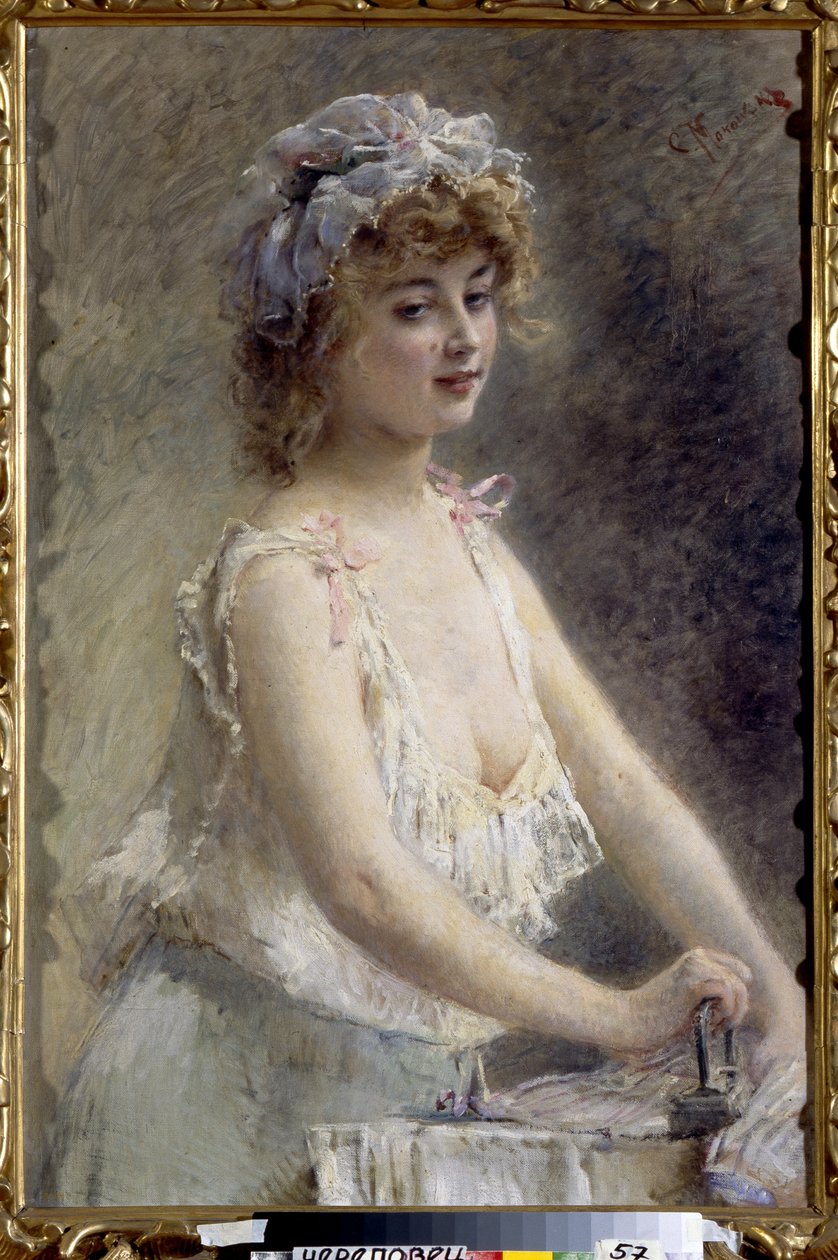 Strykjärnet. (Kvinna stryker). Ung kvinna i underkläder, klädd i negligé och nattmössa i spets, utför en hemlig uppgift. Målning av Konstantin Yegorovich Makovsky (Constantin Makovsky) (1839-1915), olja på duk, cirka 1880. Art r av Konstantin Egorovich Makovsky