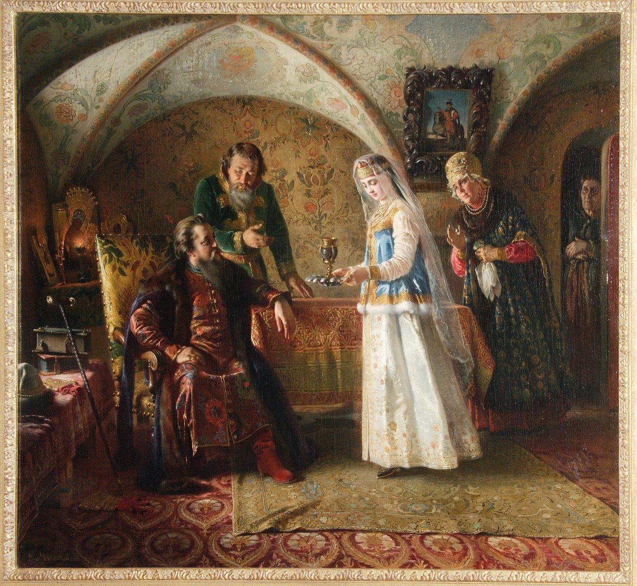 Dagligt liv i en rysk bojar (boiard, boiar) på 1600-talet. (Ur The Everyday Life Of The Russian Boyar in the 17th Century). I en domostroy av storhertigdömet Moskva presenteras en ung kvinna i bröllopsklänning för sin man. Hon av Konstantin Egorovich Makovsky