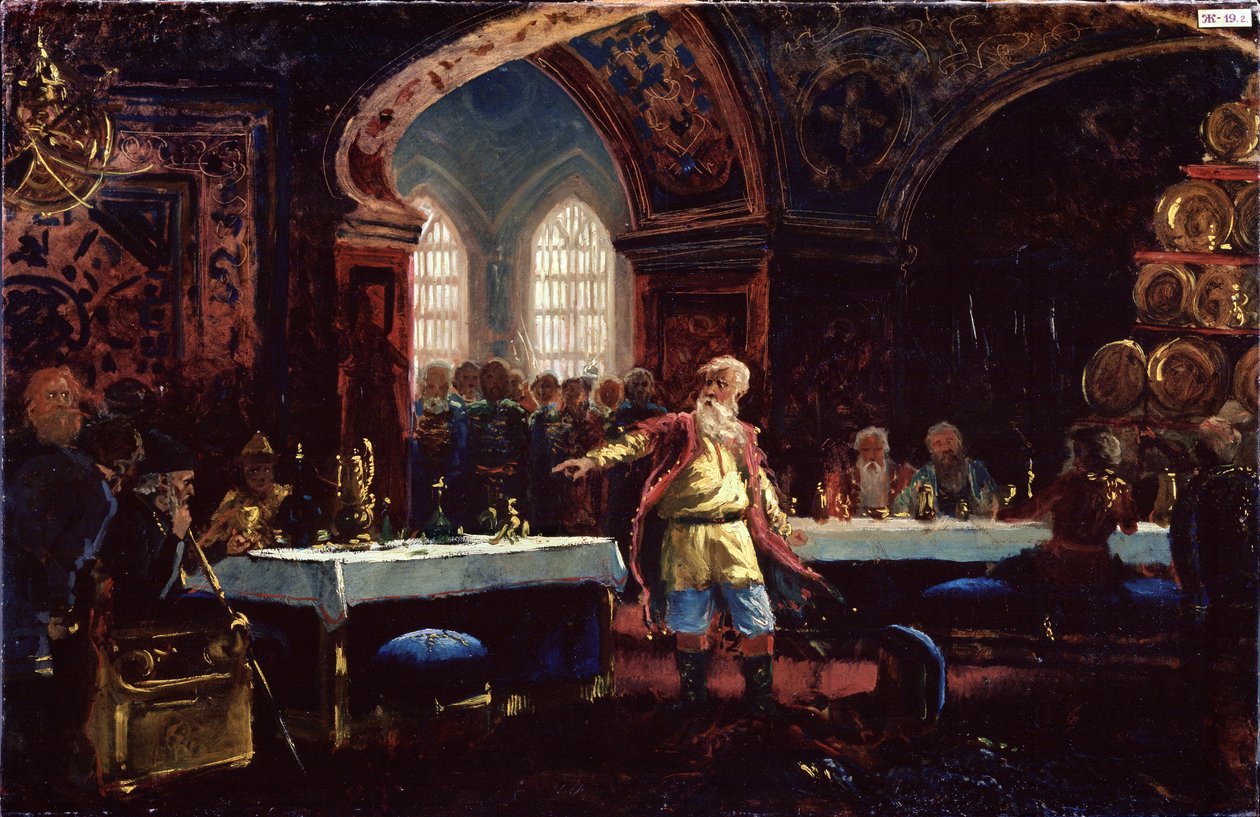 Greve Michael Repnin (?) vid Ivan den förskräckliges fest (1530-1584). (Greve Mikhail Repnin vid Ivan den fruktansvärda festen). Repnin, som står i mitten av de dukade borden, fördömer tsarens politik. Målning av Konstantin Yegorovich Makovsky (Constantin  av Konstantin Egorovich Makovsky