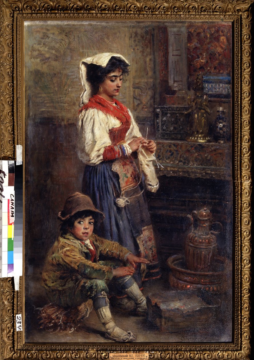 Modellerna som väntar på konstnären. Målning av Konstantin Yegorovich Makovsky (Constantin Makovsky) (1839-1915), olja på duk av Konstantin Egorovich Makovsky
