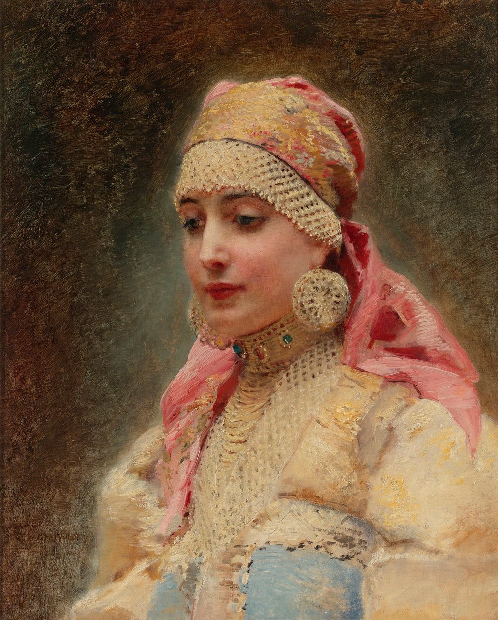 ""Porträtt av en bojars fru"" (bräda, galt) - Målning av Konstantin Yegorovich Makovsky (Constantin Makovski) (1839-1915), olja på duk, cirka 1890 - (Boyar