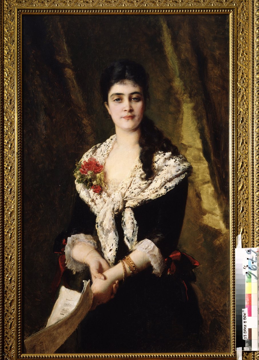 Porträtt av sångaren A. Panaeva Kartseva, för rollen som Tatyana i operan Eugene Oneguine av Piotr Tchaikovsky. (Porträtt av sångaren A. Panaeva Kartseva som Tatyana i operan Eugene Onegin av P. Tchaikovsky). Målning av Konstantin Yegorovic av Konstantin Egorovich Makovsky