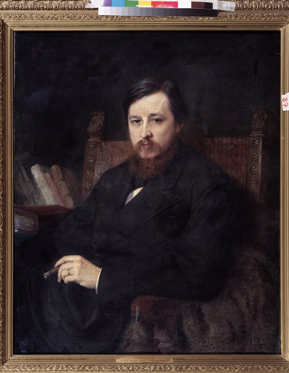 Porträtt av kompositören Mikhail P. Azanchevsky (Azanchevsky) (1839-1881) (Porträtt av kompositören M.P.Azanchevsky). Målning av Konstantin Yegorovich Makovsky (Constantin Makovsky) (1839-1915), olja på duk av Konstantin Egorovich Makovsky