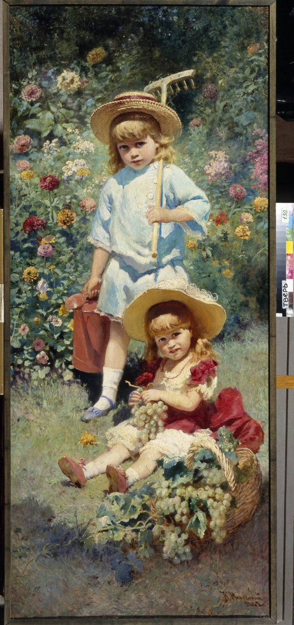 Porträtt av konstnärens barn. (Porträtt av konstnärens barn). Representerad i en blomsterträdgård på sommaren, bär den äldsta en kratta och en vattenkanna, den yngre sitter i gräset, bredvid en korg full av klasar med druvor. Målning av Konst av Konstantin Egorovich Makovsky