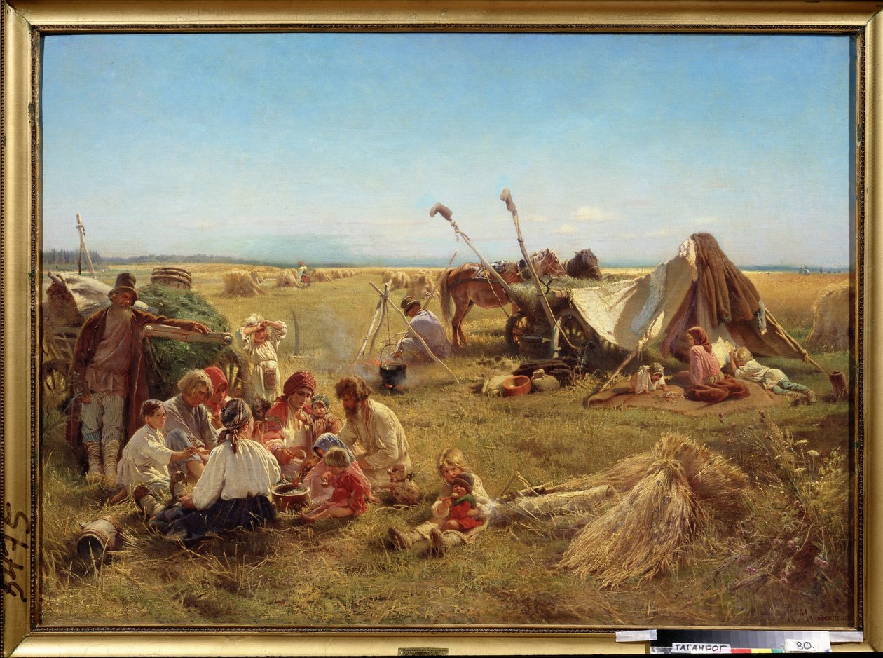 Böndernas måltider under skördesäsongen. (En bondemåltid vid skördetid). Målning av Konstantin Yegorovich Makovsky (Constantin Makovsky) (1839-1915), olja på duk av Konstantin Egorovich Makovsky