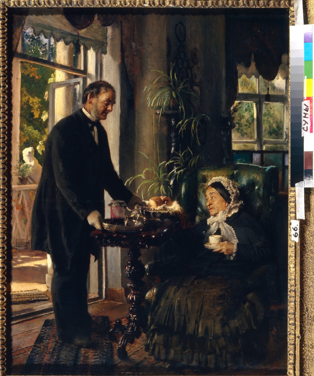 En herrgård chatelaine. (En gammal dam tar te, serverat av en tjänare som skänker bröd och sylt till henne). Målning av Konstantin Yegorovich Makovsky (Constantin Makovsky) (1839-1915), olja på duk av Konstantin Egorovich Makovsky