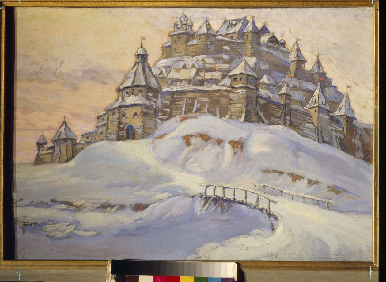 Gammal rysk fästning. (Träbefäst stad, under snön i Ukraina på medeltiden). Verk av Konstantin (Constantin) Ivanovich Gorbatov (1876-1945), tempera på trä, tidigt 1900-tal. Privat samling. av Konstantin Ivanovich Gorbatov