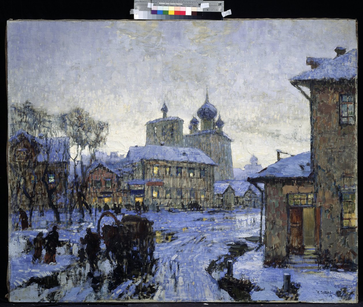 ""The Thaw"" Ryskt bylandskap i slutet av vintern. Målning av Konstantin (Constantin) Gorbatov (1876-1945) 1910 M. Kroshitsky konstmuseum, Sevastopol av Konstantin Ivanovich Gorbatov