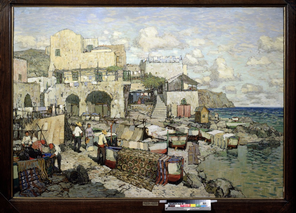 Utsikt över ön Capri (Italien). (Utsikt över ön Capri). Målning av Konstantin (Constantin) Ivanovich Gorbatov (1876-1945), olja på duk. 1900-talets rysk konst, realism. Regionala konstmuseet W. Wereshchagin, Mykolaiv (eller Nikolaiev, Ukraina) av Konstantin Ivanovich Gorbatov