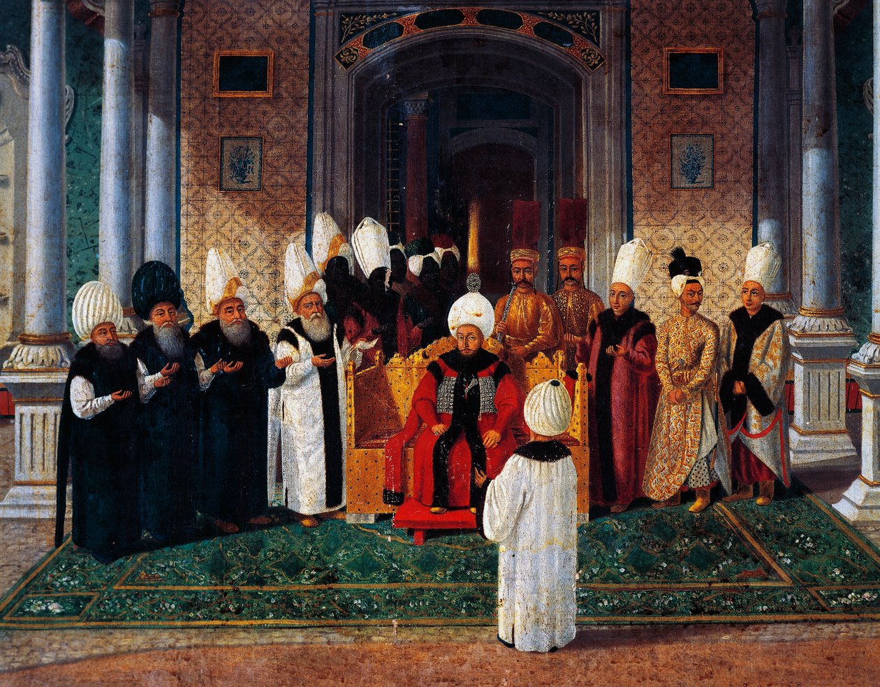 Selim III (1761-1808) tar emot dignitärer under baldakinen vid Felicity Gate i Topkapi, detalj från ceremoni för Sultan Suleyman III:s tronbestigning, ca 1789 (olja på duk) av Konstantin Kapidagli