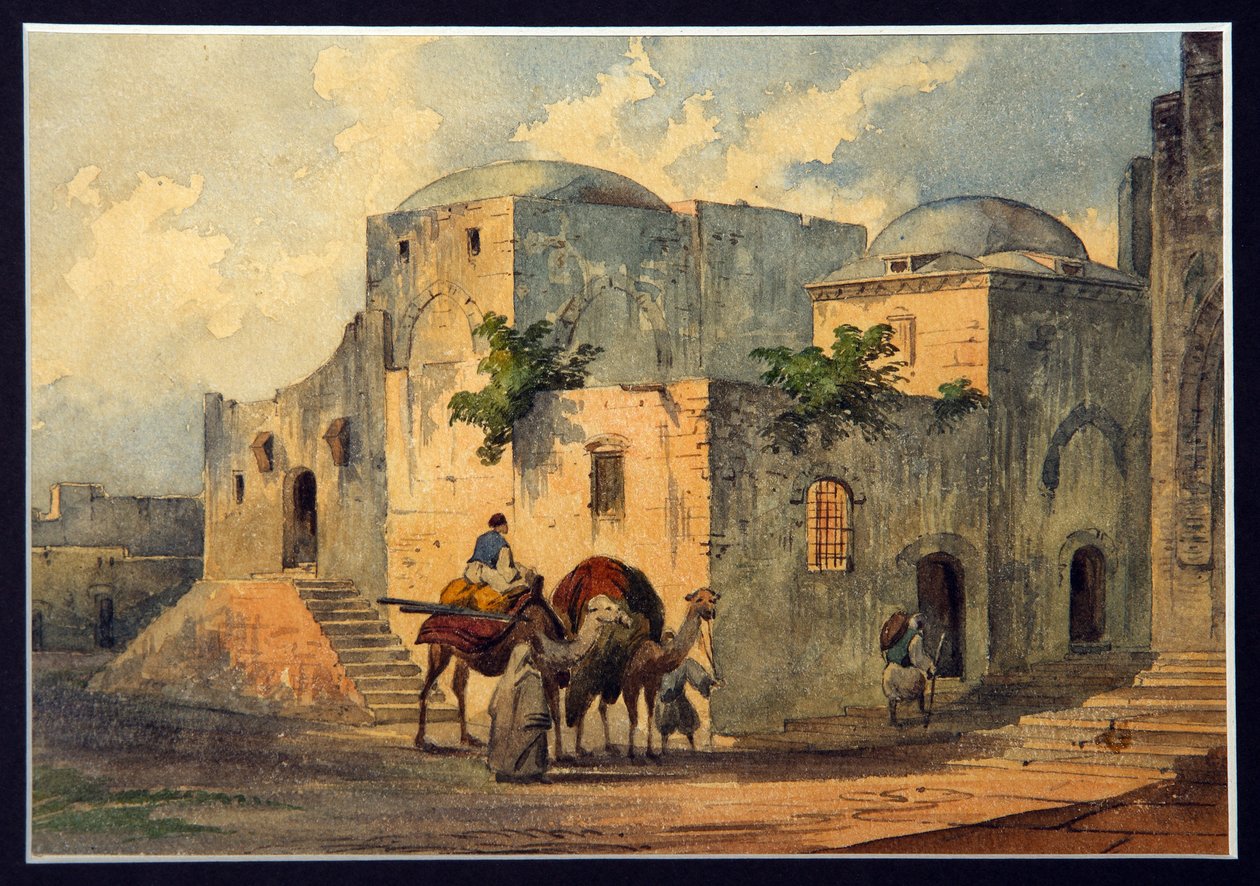 Via Dolorosa (Lidandets väg, korsvägen) och Pontius Pilatus hus (10 f.Kr.-c. 39 e.Kr.) i Jerusalem. (Sorgernas väg och Pontius Pilatus hus). Platser som nämns i Bibeln, pilgrimsfärd för kristna, Via Dolorosa är kap av Konstantin Karlovich Gerz