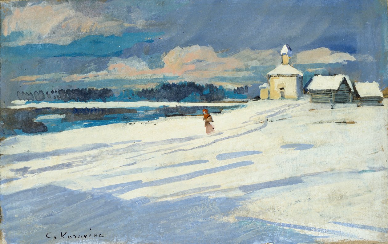 Vinterlandskap med en liten kyrka, tidigt 1900-tal av Konstantin Korovin