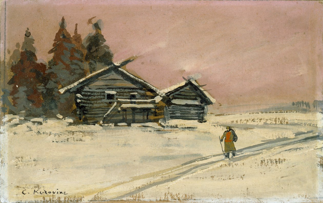 Vinterlandskap med två trähyddor, tidigt 1900-tal av Konstantin Korovin