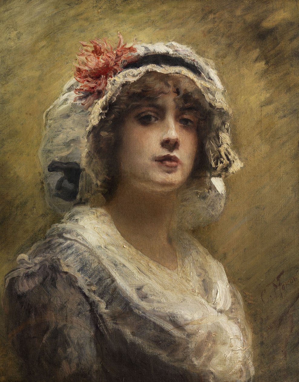 Konstantin Makovsky Porträtt av en ung flicka med vit tygmössa av Konstantin Makovsky