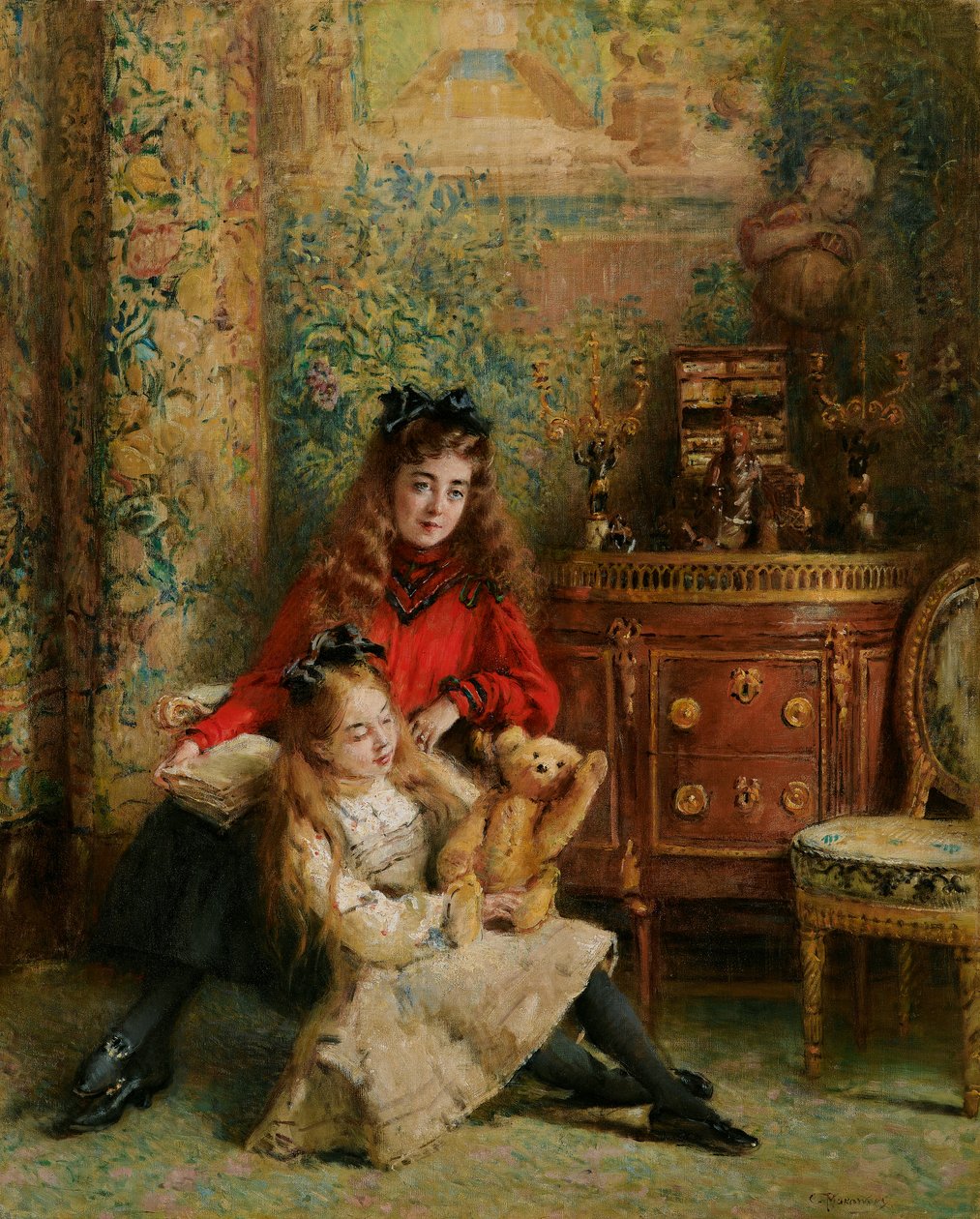 Porträtt av konstnärens döttrar Olga och Marina med nallebjörn av Konstantin Makovsky
