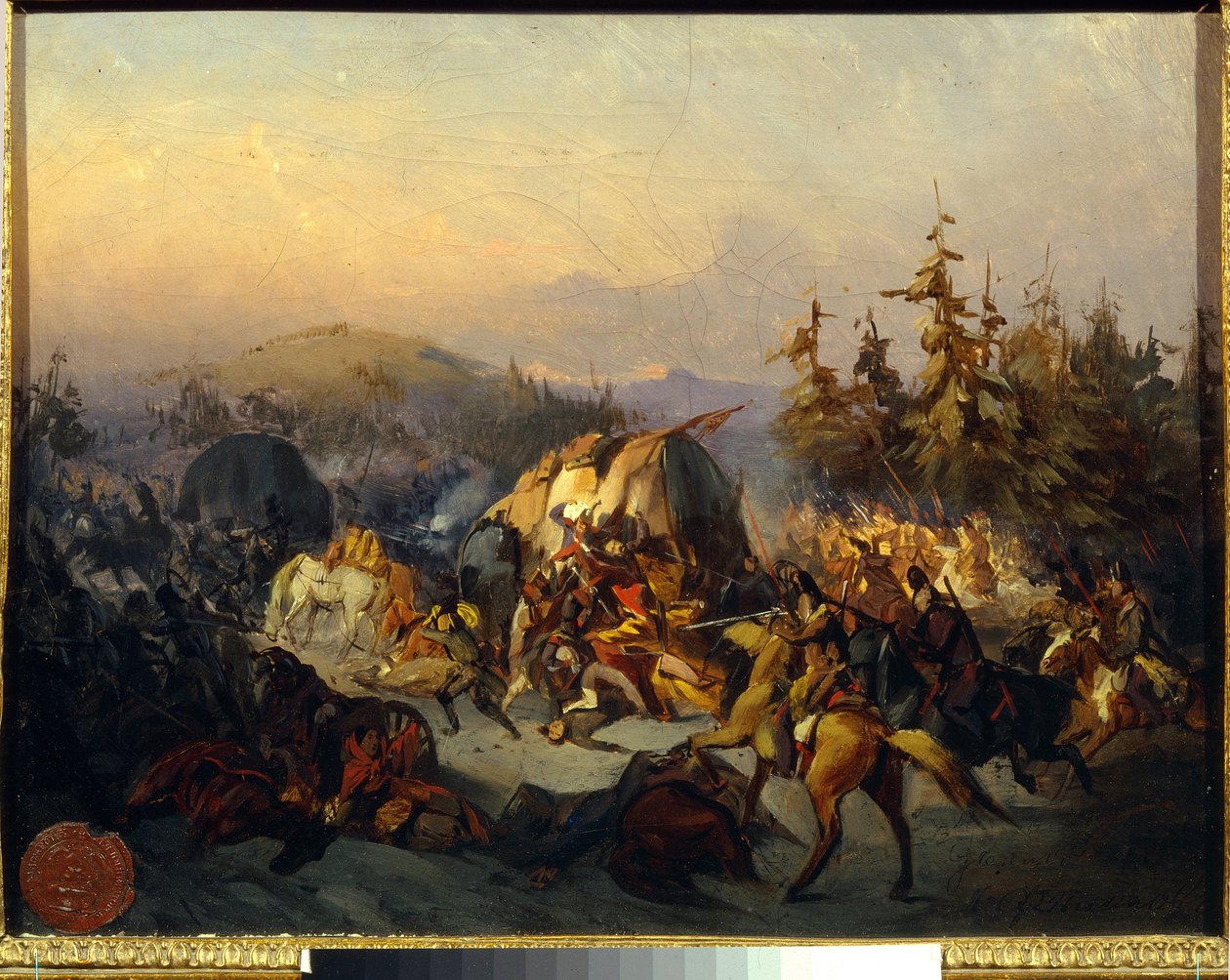 Ryska kosacker attackerar franska trupper i transit, avsnitt av slaget vid Moskva (Borodino) 1812 - Målning av Konstantin Nikolayevich Filippov (1830-1878), olja på duk, 30x38 cm - Ryska kosacker attackerar franska trupper i transit av Konstantin Nikolaevich Filippov