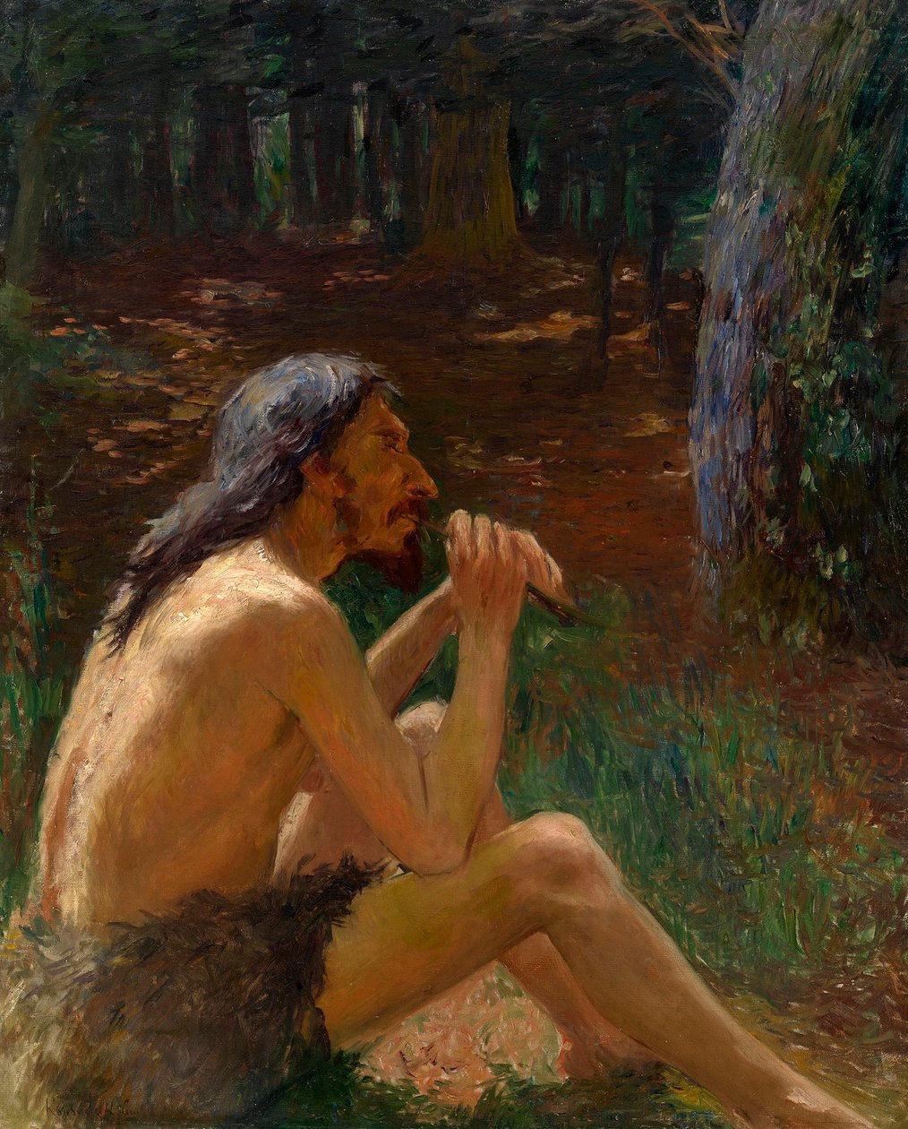 Caveman Playing the Flute - Målning av Konstantin Pavlovich Kuznetsov (1863-1936), olja på duk (95x77 cm), rysk konst 1800-1900-talet - Privat samling av Konstantin Pavlovich Kuznetsov