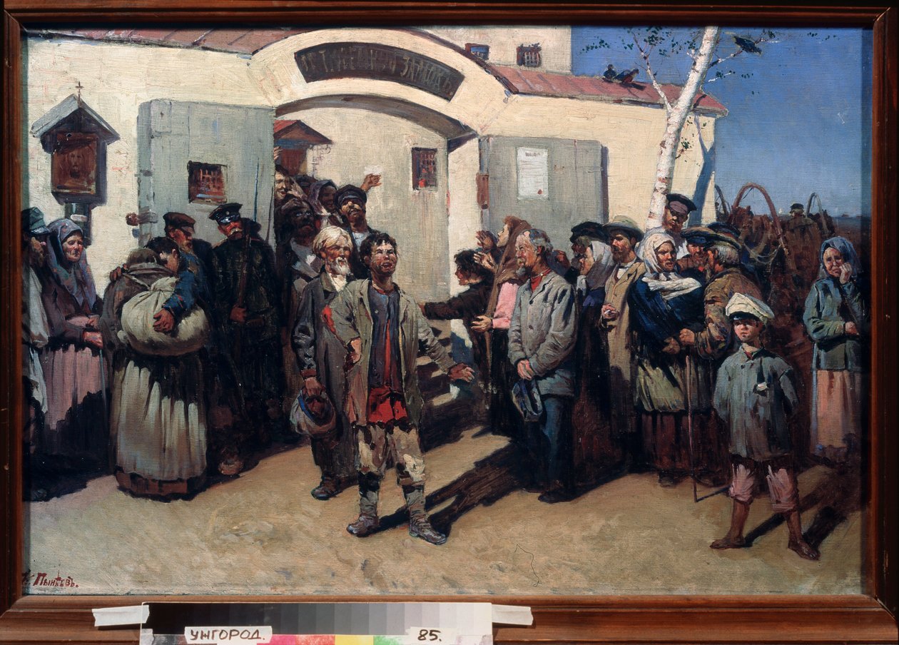 Tillbaka till friheten. (Befrielse av fångarna i ett kriminalvårdsanstalt, deras ögon är riktade mot himlen och en rörd skara väntar på dem). Målning av Konstantin Petrovich Pyneev (1868-1922), olja på duk. rysk konst av Konstantin Petrovich Pyneev